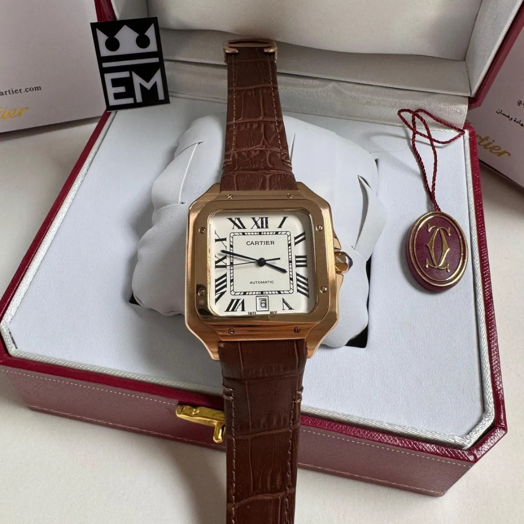 Cartier Santos Automatic – Gold with Brown Lederarmband