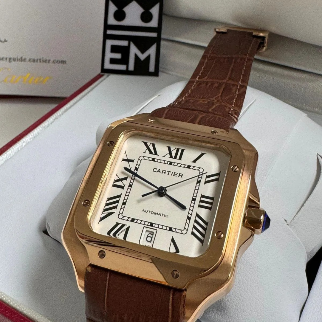 Cartier Santos Automatic – Gold with Brown Lederarmband